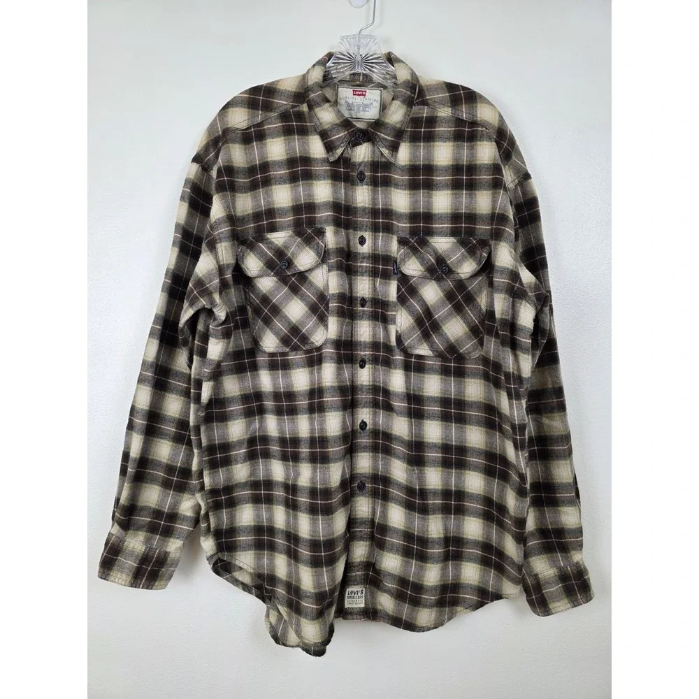 Levis Shirt Mens Large Brown Beige Plaid Button Up Flannel Western Workwear Warm